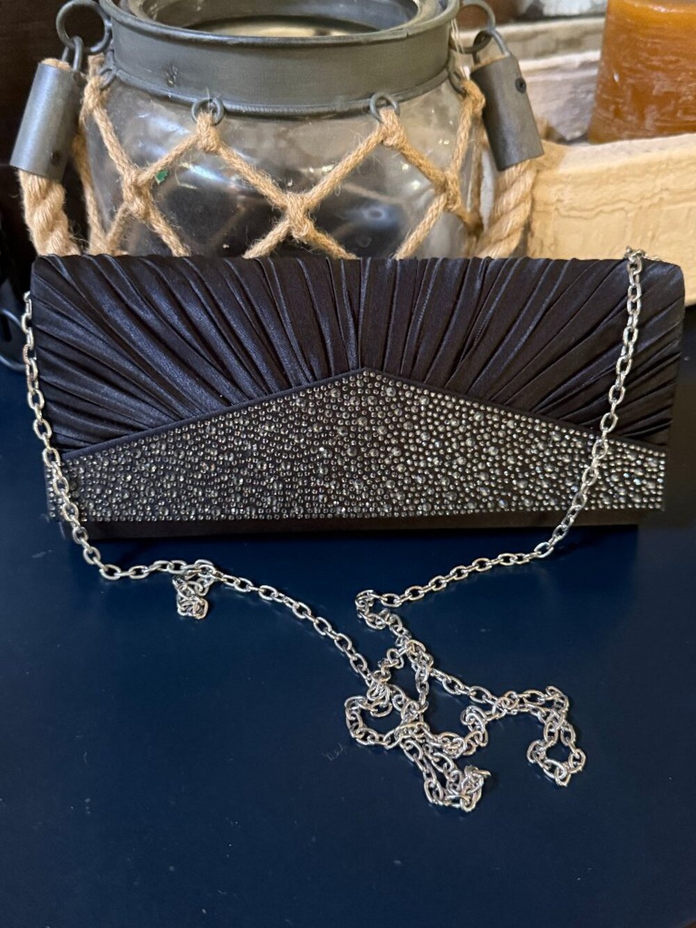 Black Satin Clutch with Rhinestones
